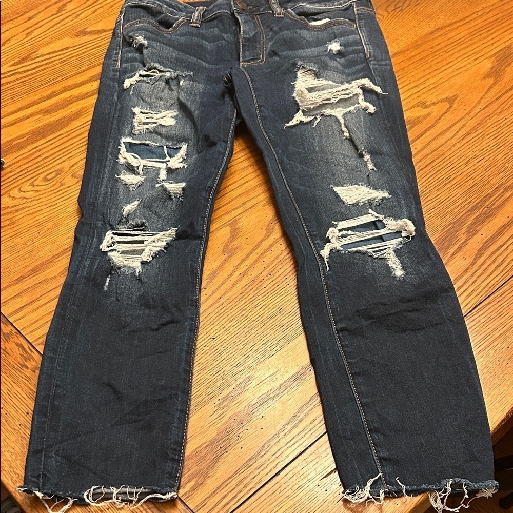 American Eagle Outfitters Dark Blue Distressed Straight Leg Jeans